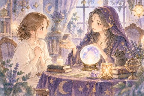 占い師の助言に耳を傾ける大人の女性