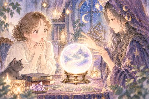 占い師から未来を告げられ驚く大人の女性