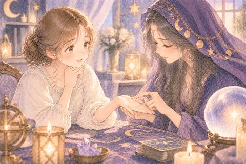 占い師に手のひらを見てもらう大人の女性