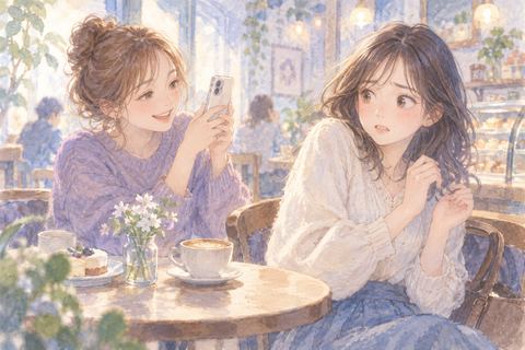 友達のスマホ撮影に気づき戸惑う女性