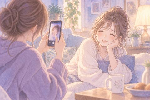 友達にスマホを向けられても穏やかな女性
