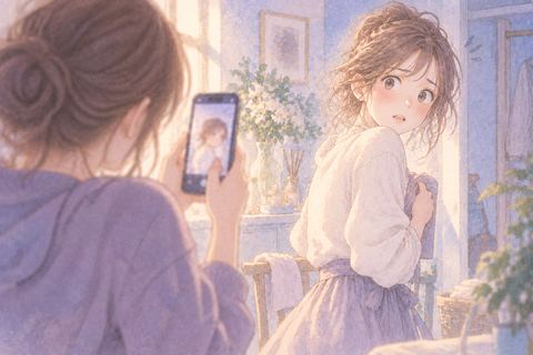 友達のスマホ撮影に気づいて振り返る女性