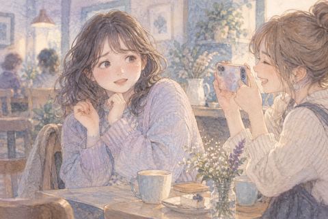 親しい友達のスマホ撮影に戸惑う女性