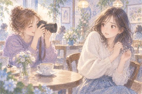 カメラのレンズに気づき緊張する女性