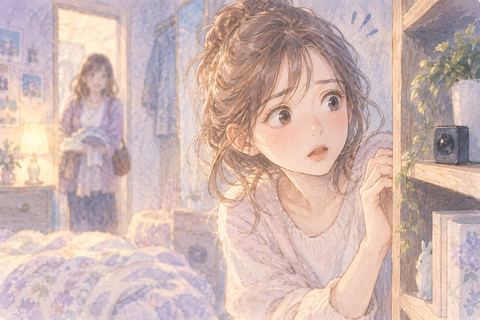 部屋の小さな隠しカメラに気づく女性
