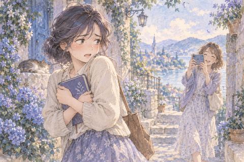 秘密のノートを隠しながら友達を見る女性