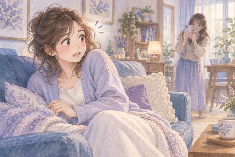 自宅でくつろぐ姿を友達に撮られる女性