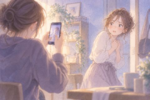 スマホを向ける友達を怖そうに見る女性
