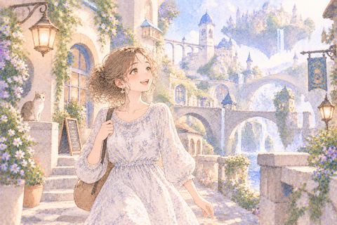 知らない夢の街を楽しそうに歩く大人の女性