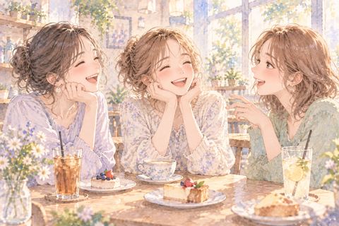 友達とくつろいで笑い合う大人の女性