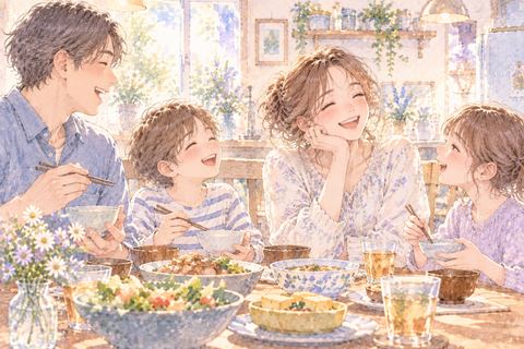 家族と食卓を囲んで笑う大人の女性