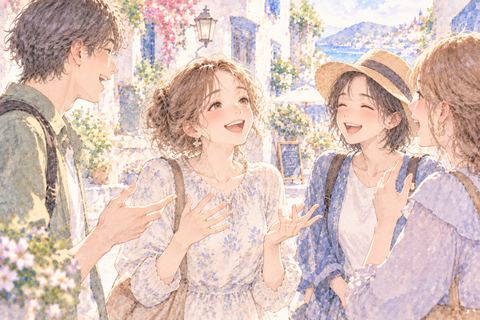 知らない人と楽しそうに話す大人の女性