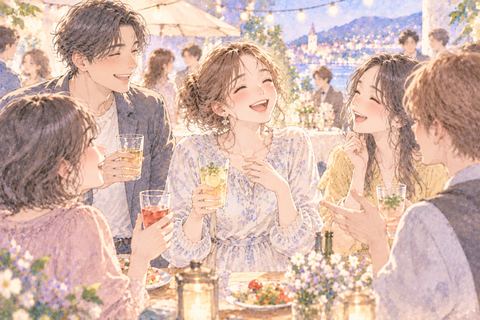 大勢の人の輪で楽しく会話する大人の女性