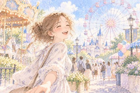 遊園地で自由に楽しむ大人の女性