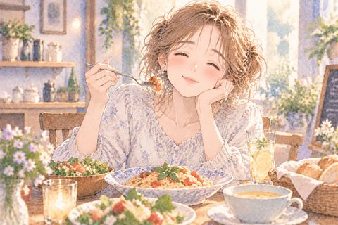 食卓で料理を楽しそうに味わう大人の女性