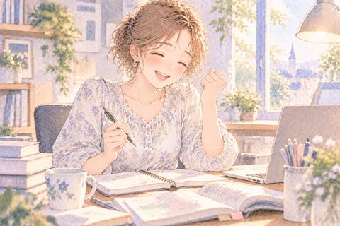 机で仕事や勉強を楽しむ大人の女性