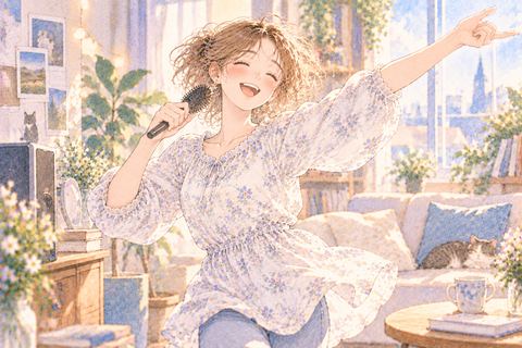 歌いながら楽しそうに踊る大人の女性