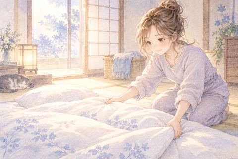 部屋に布団を丁寧に敷く大人の女性