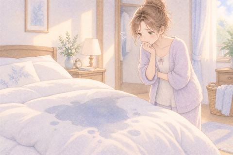 濡れた布団を前に困った表情をする大人の女性