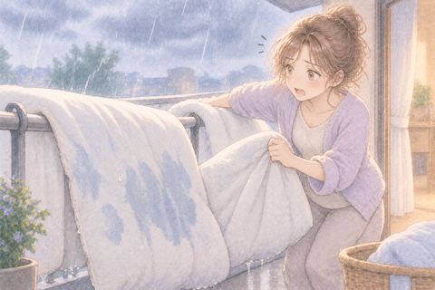 雨に濡れる干し布団を慌てて取り込む大人の女性