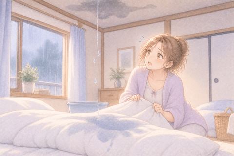 雨漏りで濡れる布団を心配そうに見る大人の女性