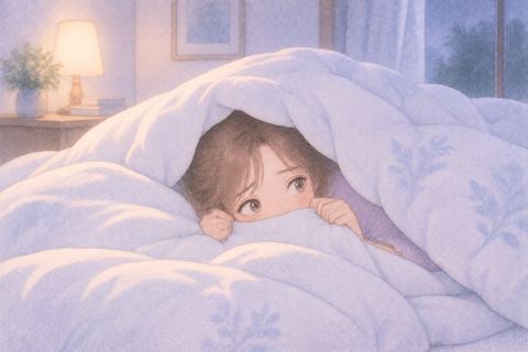 布団を頭近くまでかぶって身を隠す大人の女性