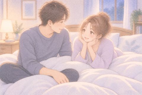 布団の上で成人男性と穏やかに過ごす大人の女性