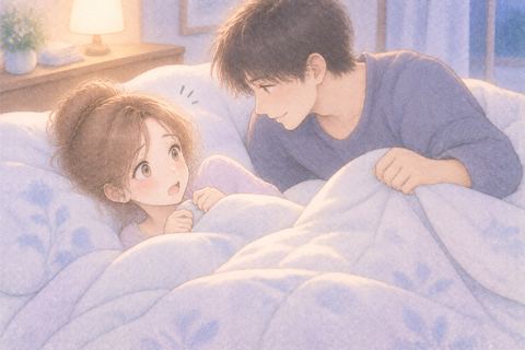 布団へ入ってくる成人男性に驚く大人の女性