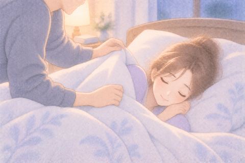眠る大人の女性へ誰かがそっと布団をかける場面