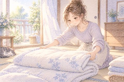 朝の部屋で布団を畳む大人の女性