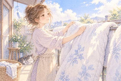 晴れた日に布団を干す大人の女性