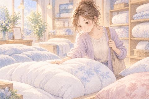 店で新しい布団を選ぶ大人の女性