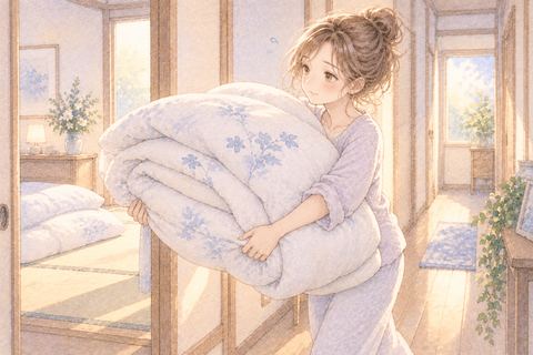 大きな布団を抱えて運ぶ大人の女性