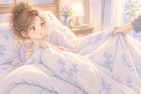 布団を外から引っ張られて驚く大人の女性