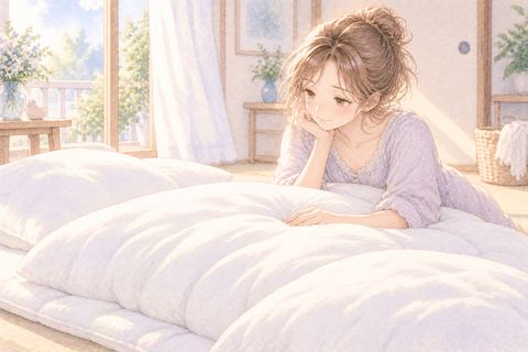 真っ白な布団を見て安らぐ大人の女性