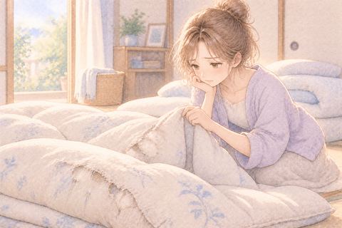 傷んだ布団を見て困った表情をする大人の女性
