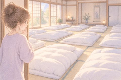 部屋にたくさん並んだ布団を見る大人の女性