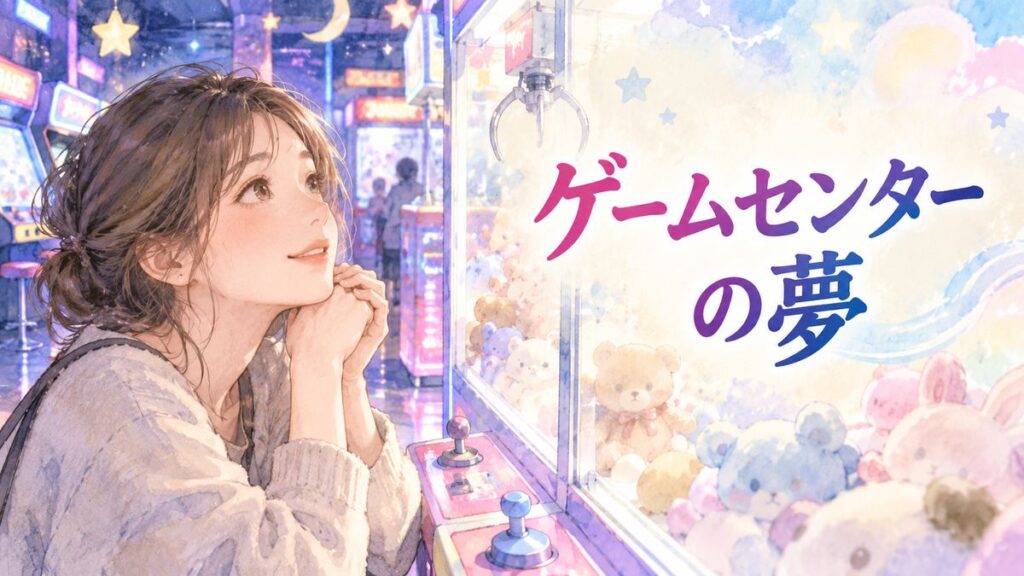 夜のゲームセンターで景品を見つめる女性