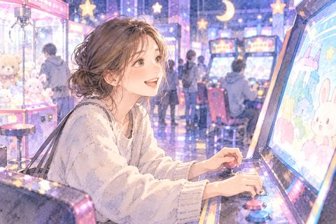 ゲームセンターで笑顔で遊ぶ女性