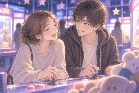 ゲームセンターで男性と笑い合う女性