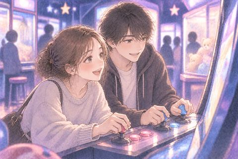 ゲームセンターで一緒に遊ぶ恋人同士