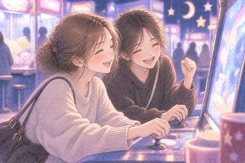 友達とゲームセンターで遊ぶ女性