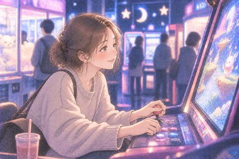 一人でゲームセンターを楽しむ女性