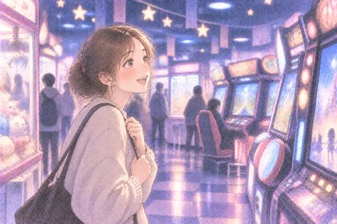 ゲーム機を見渡して目を輝かせる女性