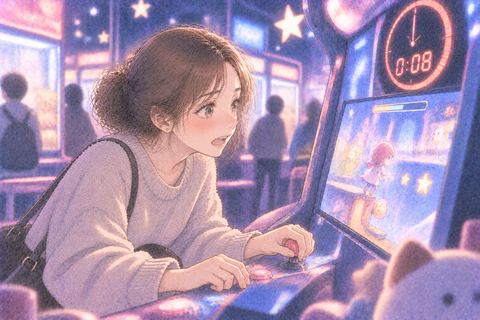 ゲームの残り時間を気にして焦る女性