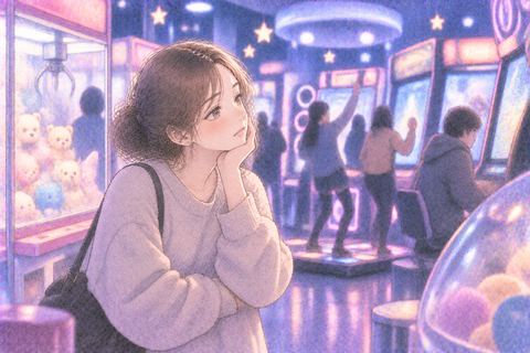 にぎやかなゲームセンターで退屈そうな女性