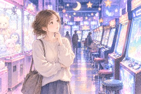 ゲーム機を眺めたまま立つ女性