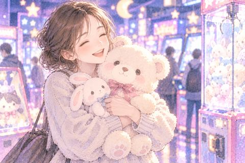 ゲームセンターで景品を手に喜ぶ女性