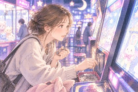 ゲーム機へ次々とコインを入れる女性