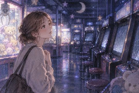 薄暗いゲームセンターに立つ女性